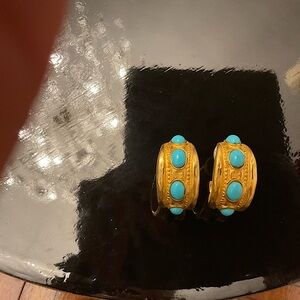 Vintage Kenneth J Lane Hoop earrings with turquoise Cabochons and gold plated